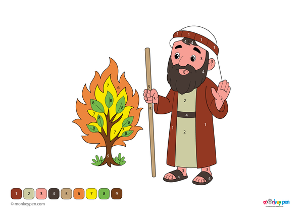 Color by number worksheet illustrating Moses with the Ten Commandments, with numbered sections for coloring his clothing and the desert background.
