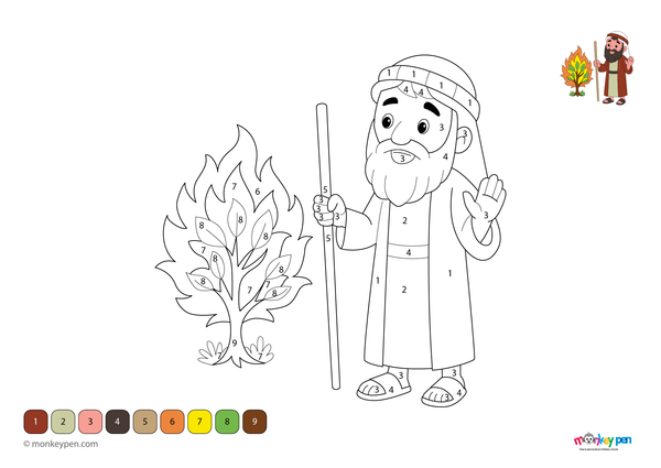Color by number worksheet illustrating Moses with the Ten Commandments, with numbered sections for coloring his clothing and the desert background.
