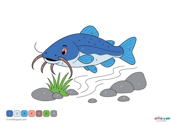 Color by number worksheet depicting a catfish in a pond, with numbered sections for coloring the fish and aquatic plants.
