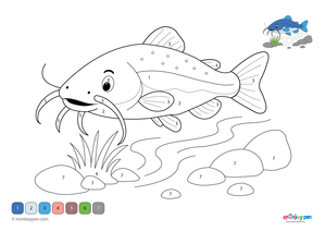 Color by number worksheet depicting a catfish in a pond, with numbered sections for coloring the fish and aquatic plants.
