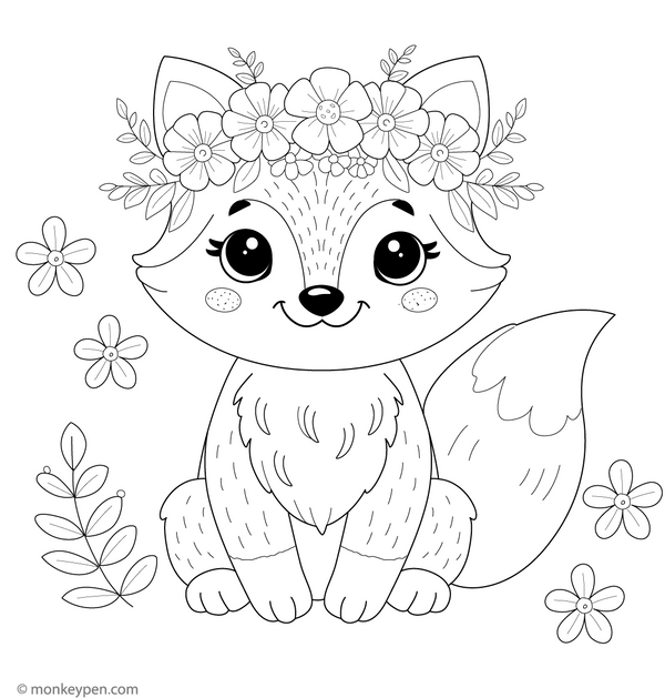 Fox in a Flower Crown coloring page – free printable for kids to color and enjoy
