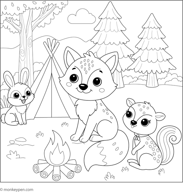 Fox with Forest Friends coloring page – free printable for kids to color and enjoy
