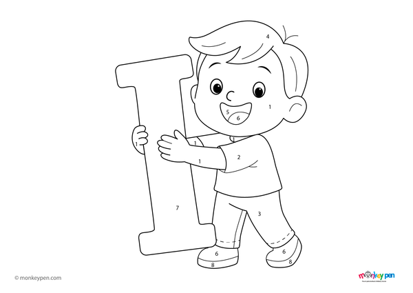 Color-by-number worksheet showing a child holding the letter I, with numbered sections for coloring the child, the letter, and the background.

