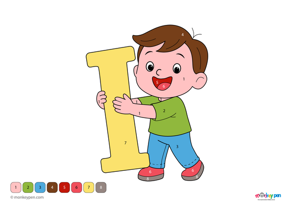Color-by-number worksheet showing a child holding the letter I, with numbered sections for coloring the child, the letter, and the background.
