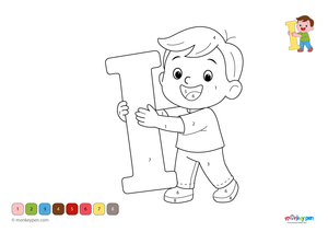Color-by-number worksheet showing a child holding the letter I, with numbered sections for coloring the child, the letter, and the background.
