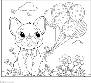 French Bulldog and Balloons coloring page – free printable for kids to color and enjoy