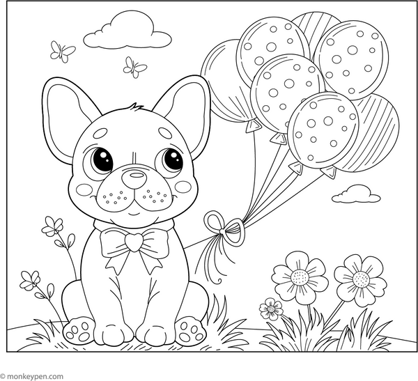 French Bulldog and Balloons coloring page – free printable for kids to color and enjoy