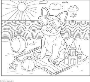 French Bulldog at the Beach coloring page – free printable for kids to color and enjoy