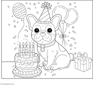 French Bulldog and a Birthday Cake coloring page – free printable for kids to color and enjoy