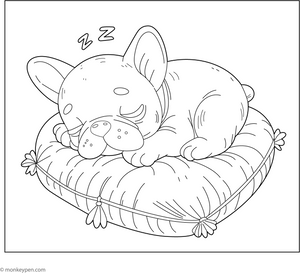 French Bulldog and a Cozy Pillow coloring page – free printable for kids to color and enjoy