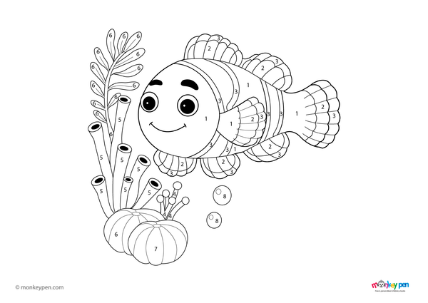 Color-by-number worksheet of a clownfish swimming underwater, with numbered sections for coloring the fish and surrounding sea plants.
