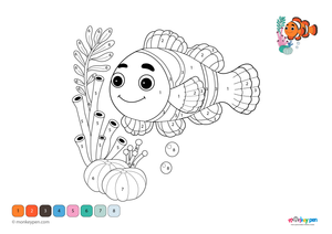 Color-by-number worksheet of a clownfish swimming underwater, with numbered sections for coloring the fish and surrounding sea plants.

