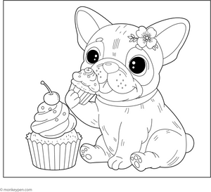 French Bulldog with a Cupcake coloring page – free printable for kids to color and enjoy