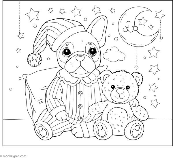 French Bulldog in Pyjamas coloring page – free printable for kids to color and enjoy