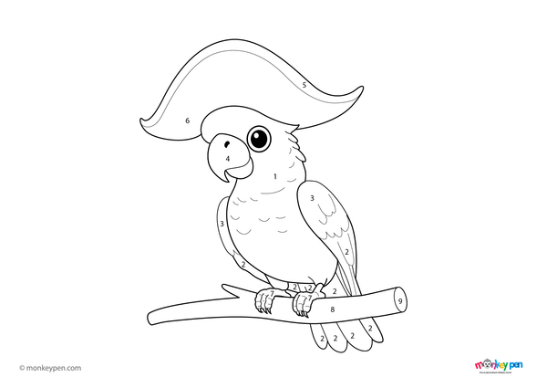 Color-by-number worksheet of a cockatoo on a branch, with numbered sections for coloring its feathers and surroundings.
