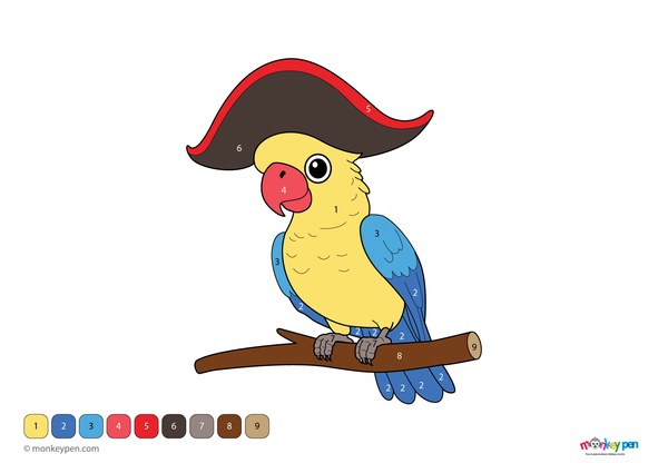 Color-by-number worksheet of a cockatoo on a branch, with numbered sections for coloring its feathers and surroundings.
