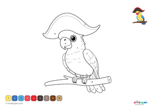 Color-by-number worksheet of a cockatoo on a branch, with numbered sections for coloring its feathers and surroundings.
