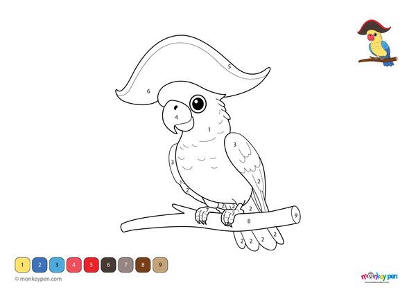 Color-by-number worksheet of a cockatoo on a branch, with numbered sections for coloring its feathers and surroundings.
