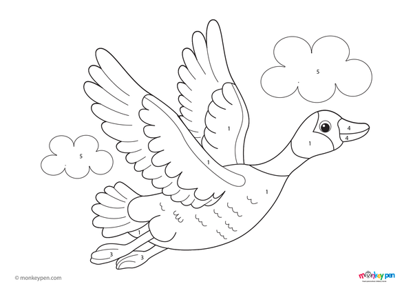 Color-by-number worksheet depicting a goose near a pond, with numbered sections for coloring the goose and background.
