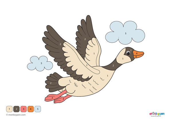 Color-by-number worksheet depicting a goose near a pond, with numbered sections for coloring the goose and background.
