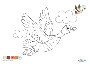 Color-by-number worksheet depicting a goose near a pond, with numbered sections for coloring the goose and background.
