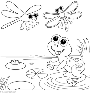 Frog and a Dragonfly coloring page – free printable for kids to color and enjoy
