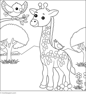 Giraffe and a Bird Friend coloring page – free printable for kids to color and enjoy