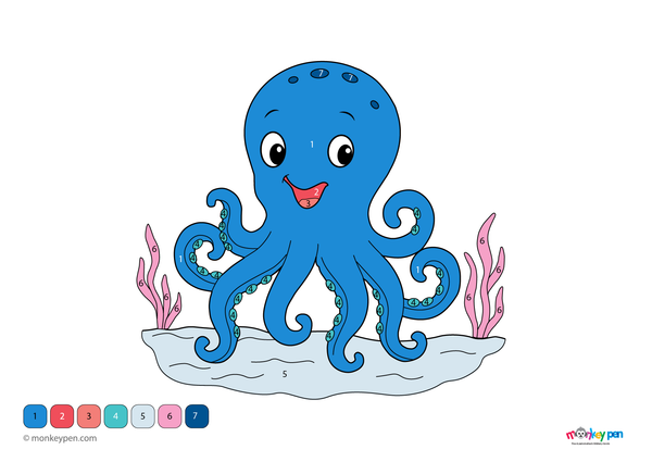 Color-by-number worksheet of an octopus underwater, with numbered sections for coloring its tentacles, eyes, and ocean background.
