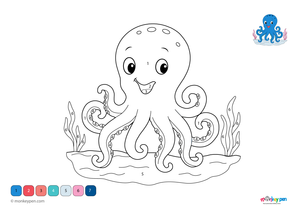Color-by-number worksheet of an octopus underwater, with numbered sections for coloring its tentacles, eyes, and ocean background.
