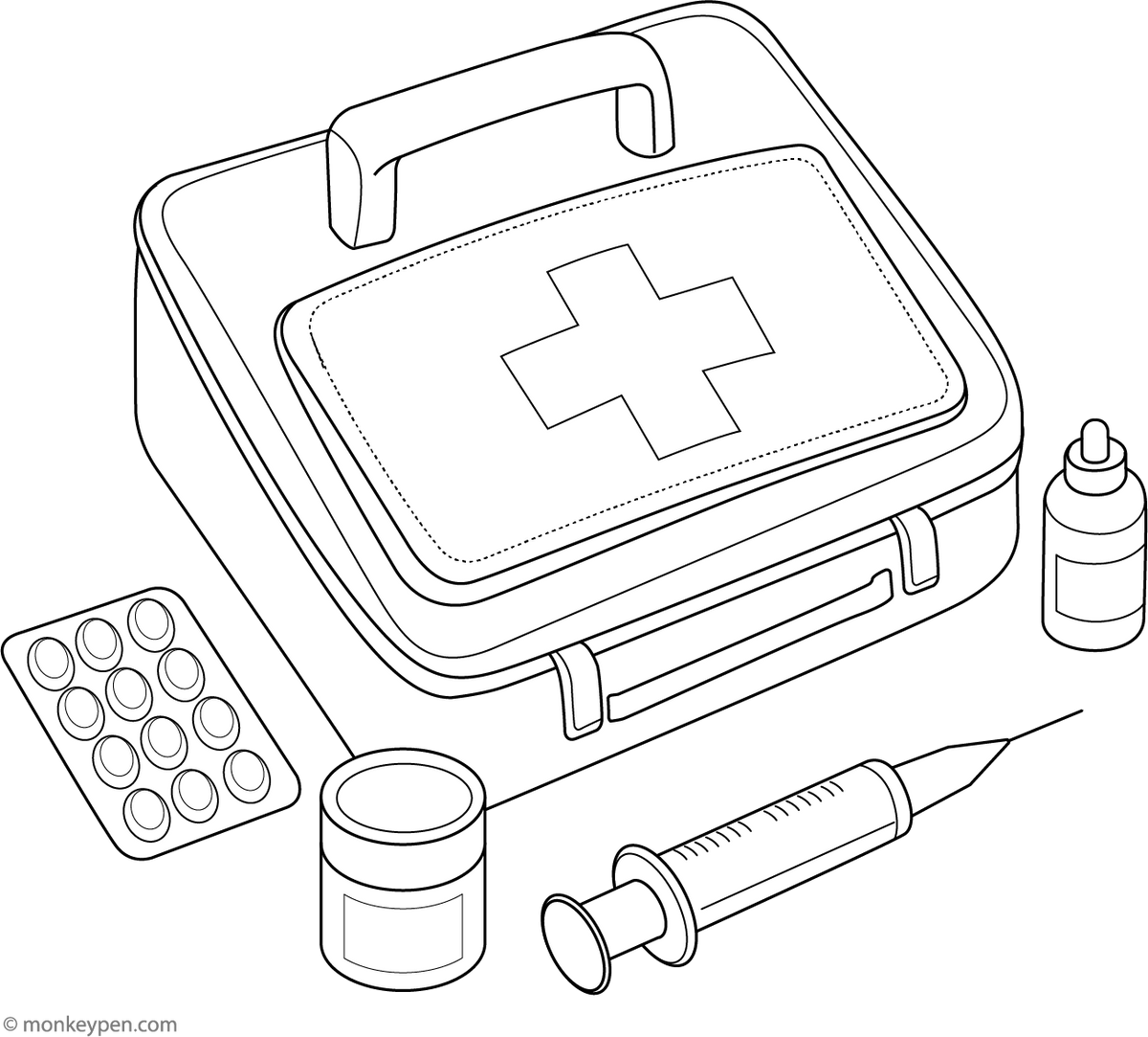 First Aid Kit Colorable First Aid Box Coloring Page Medical Tools Printable for Kids PDF ...