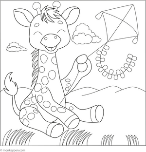 Giraffe with a Kite coloring page – free printable for kids to color and enjoy