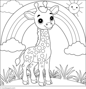 Giraffe and a Rainbow coloring page – free printable for kids to color and enjoy