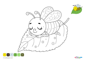 Color-by-number worksheet showing a bee sleeping on a leaf, with numbered sections for coloring the bee and the leaf.
