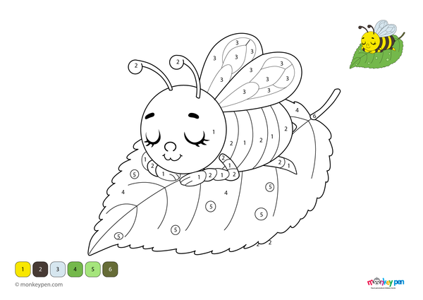 Color-by-number worksheet showing a bee sleeping on a leaf, with numbered sections for coloring the bee and the leaf.
