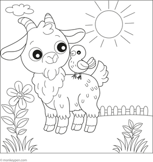 Goat with a Bird Friend coloring page – free printable for kids to color and enjoy