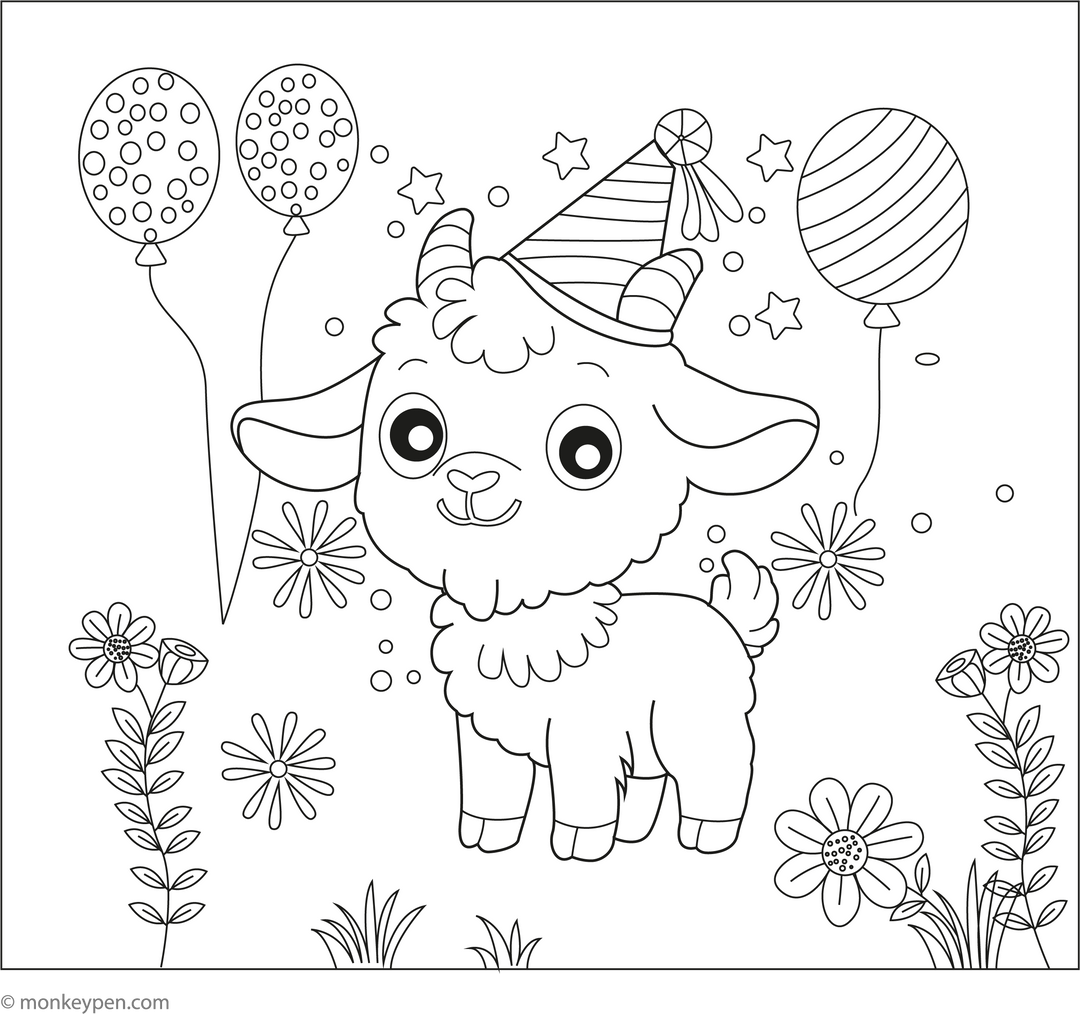 Printable Goat with Party Hat Coloring Page PDF for Children