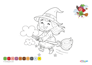 Color-by-number worksheet of a witch with a hat and broom, with numbered sections for coloring her outfit and Halloween-themed background.
