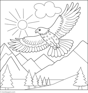 Hawk and a Mountain View coloring page – free printable for kids to color and enjoy