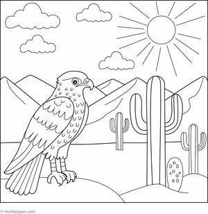 Hawk in a Desert Scene coloring page – free printable for kids to color and enjoy
