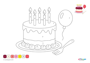 Color by number sheet depicting a layered birthday cake with candles and balloons, with numbered areas for coloring the cake and festive background.

