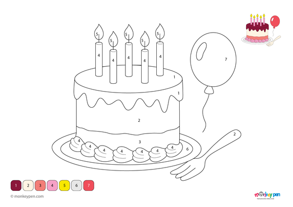 Color by number sheet depicting a layered birthday cake with candles and balloons, with numbered areas for coloring the cake and festive background.
