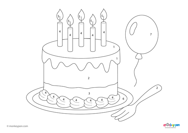 Color by number sheet depicting a layered birthday cake with candles and balloons, with numbered areas for coloring the cake and festive background.
