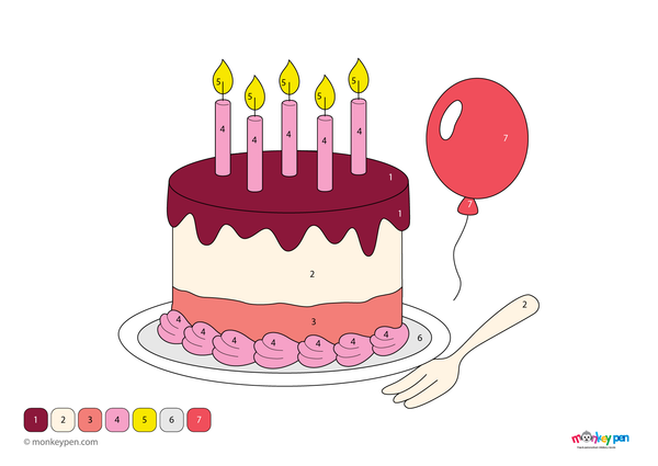 Color by number sheet depicting a layered birthday cake with candles and balloons, with numbered areas for coloring the cake and festive background.
