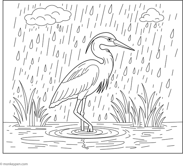 Heron in the rain coloring page – free printable for kids to color and enjoy