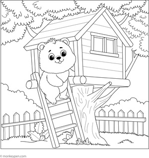 Bear in a Tree House Coloring Page