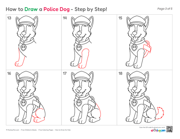How to draw a police dog step by step with simple illustrations, clear outlines, and easy instructions for kids and beginners.
