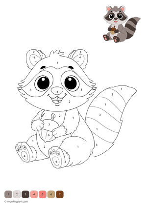 Free downloadable color-by-number worksheet featuring a curious raccoon with numbered sections on its bushy tail, paws, and masked face—perfect for helping kids learn numbers while enjoying a fun woodland-themed coloring activity