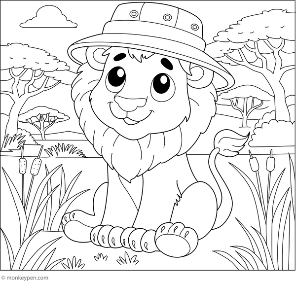 Lion in a Safari Hat Colouring Page coloring page – free printable for kids to color and enjoy