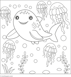 Megalodon with Jellyfish coloring page – free printable for kids to color and enjoy