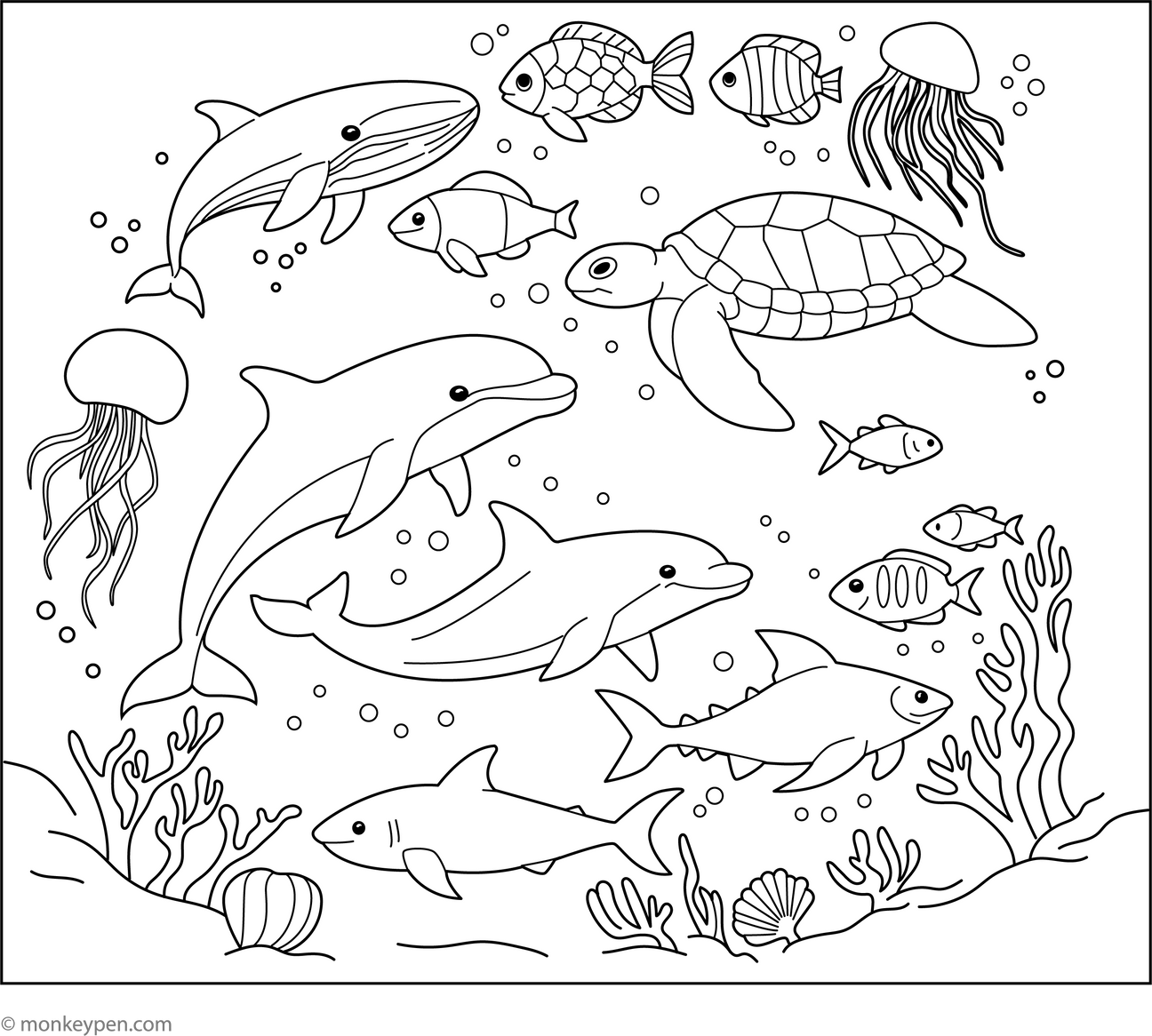 Marine life fun and educational printable coloring pages for kids